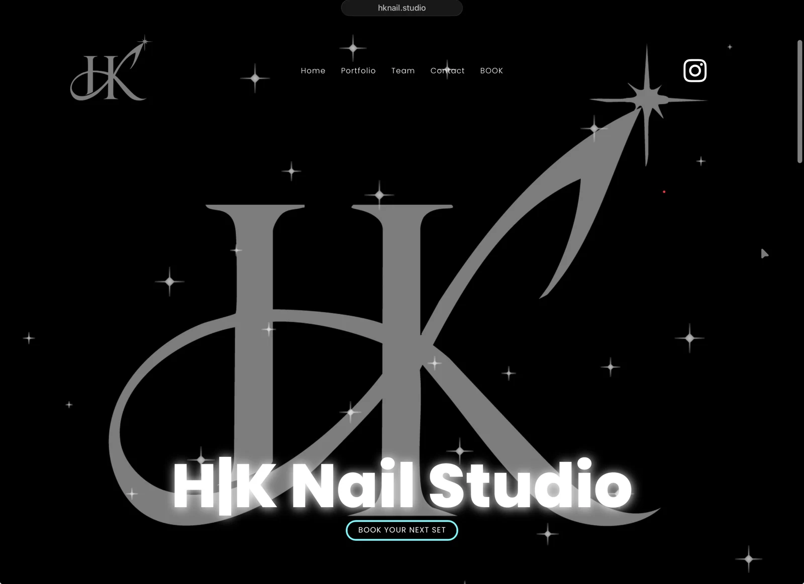 HK Nail Studio website: black and silver identity with a prominent booking button