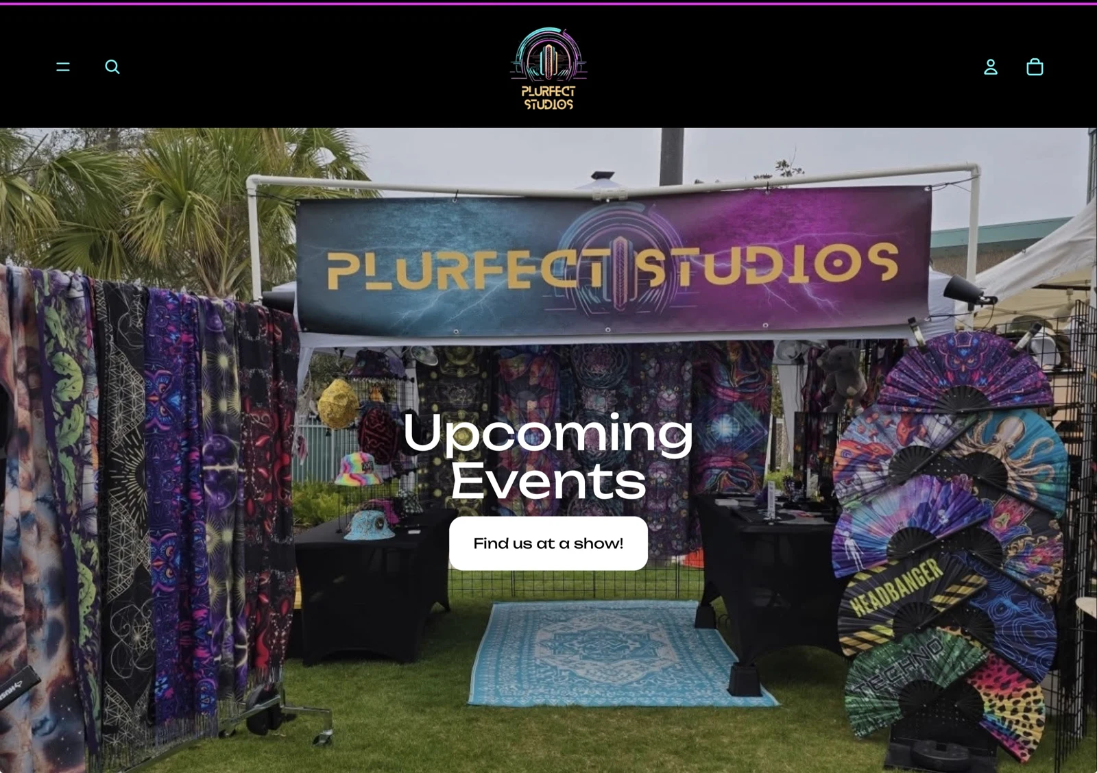 PLURfect Studios website showing its festival shop and upcoming events