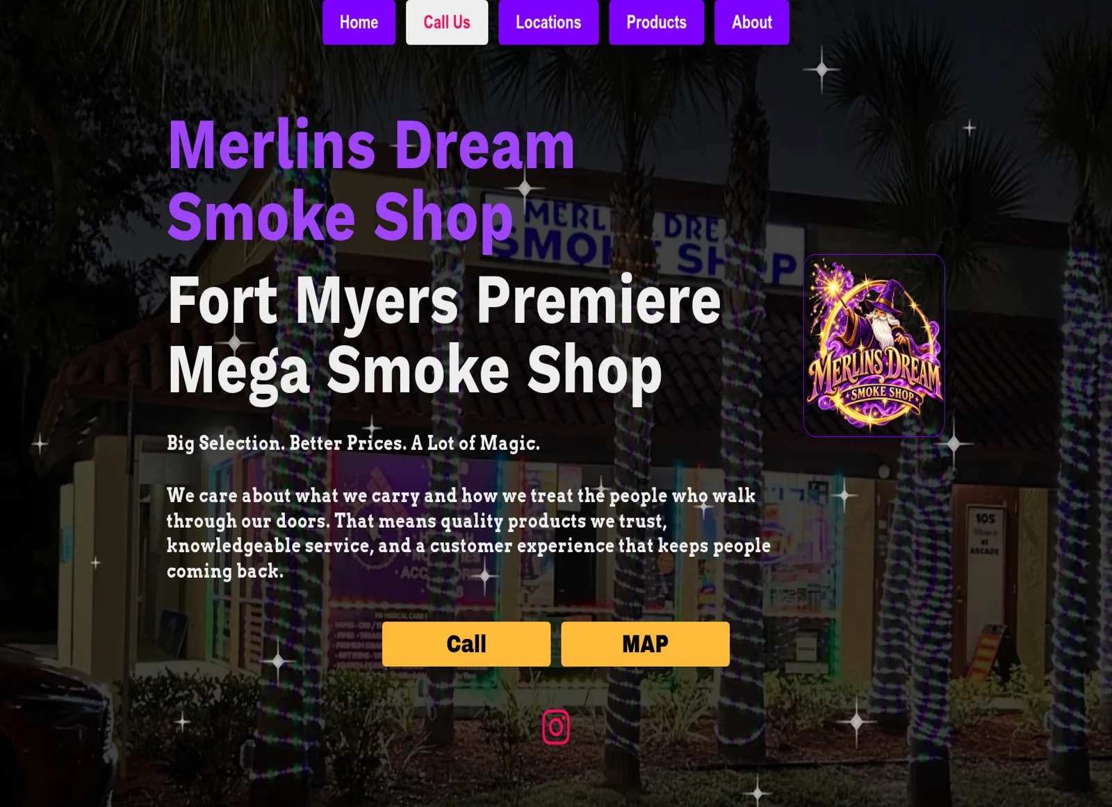 Merlins Dream Smoke Shop website: purple wizard-themed storefront with call and map buttons
